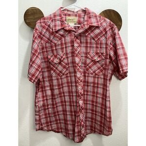 Wrangler Classic Red Black Plaid Western Pearl Snap Mens Short Sleeve S